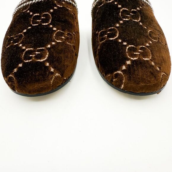 Gucci GG Brown Velvet Crystal Mules Slippers Loafers EU 38 US 8 - Picture 3 of 12